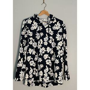 AnyBody Size M Hoodie Black White Floral Soft Knit Pullover Tunic Long Sleeve
